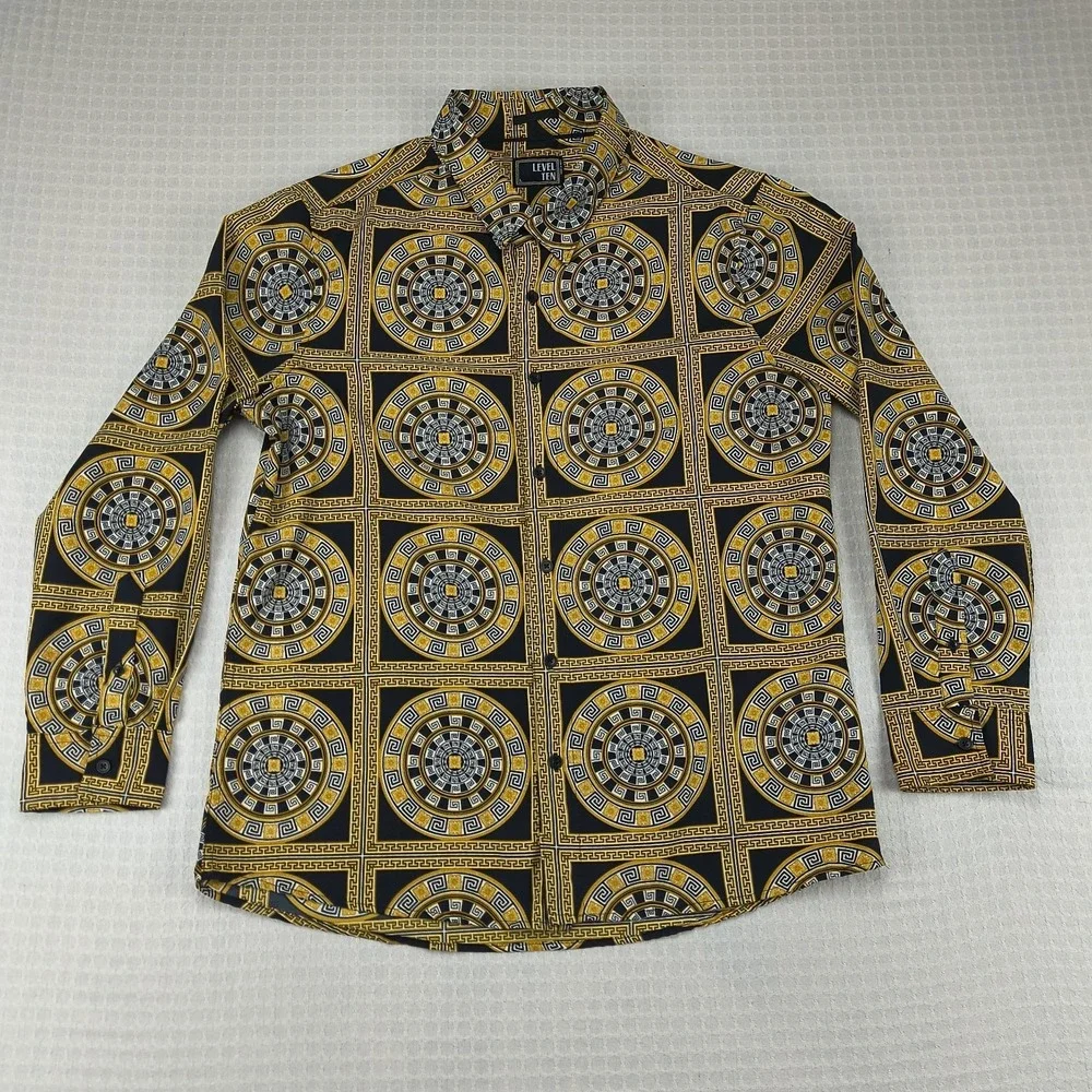 Level Ten Mens Large Black Gold Greek Key Medusa Baroque Print Button Down Shirt